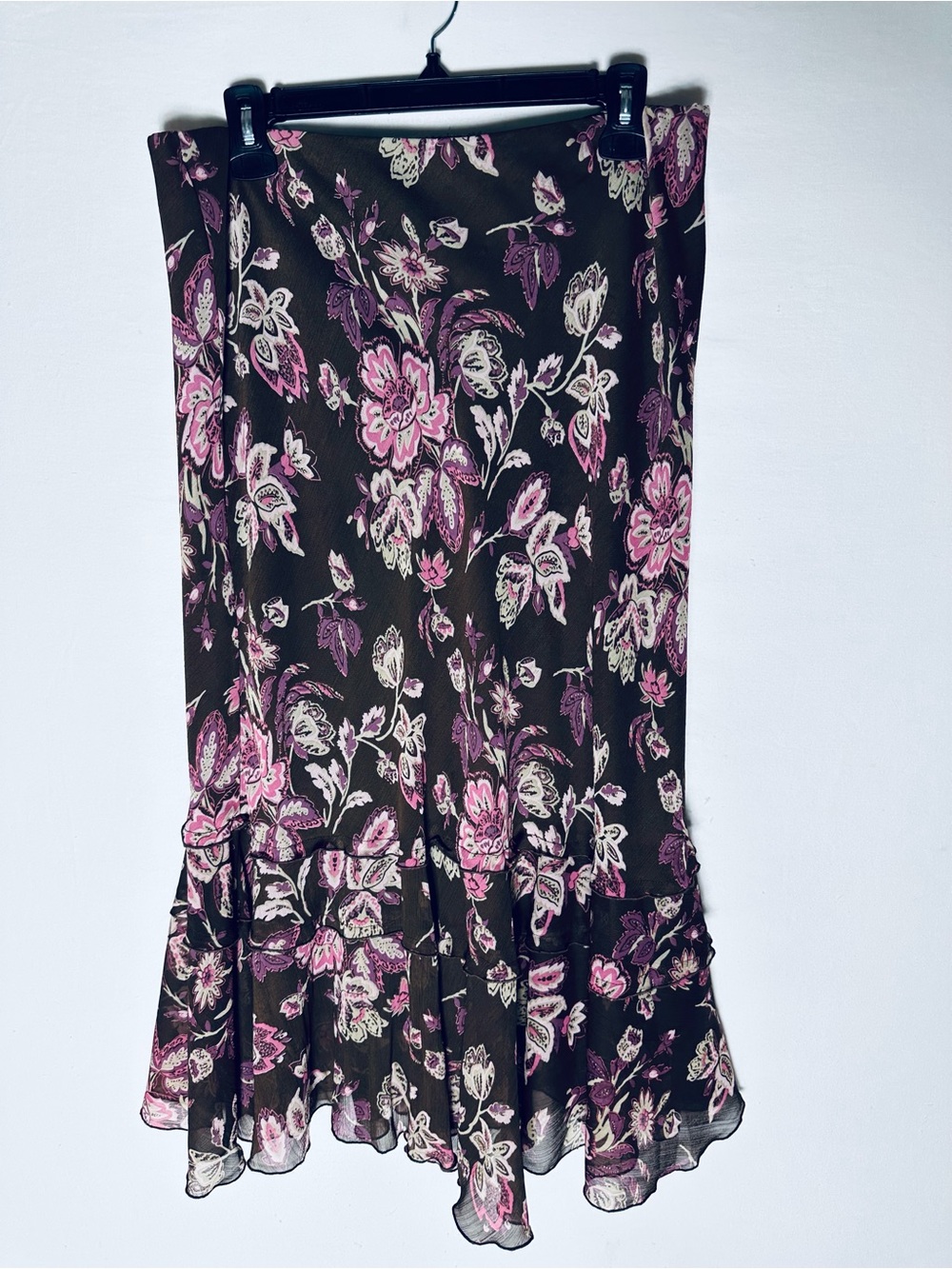 Vintage Y2K Reitmans Brown Pink Floral Ruffle Hem Midi Skirt L Boho Cottagecore